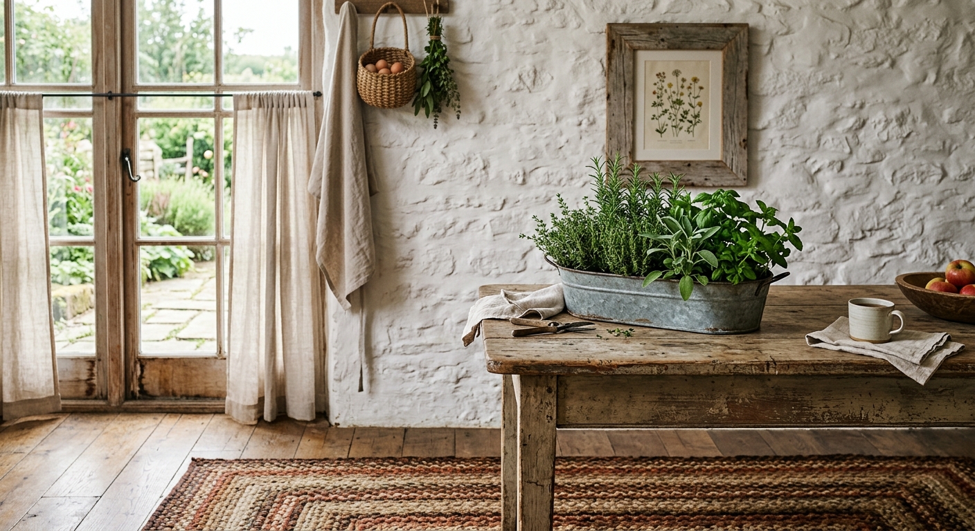 Authentic rustic farmhouse lifestyle with galvanized planters and braided rug