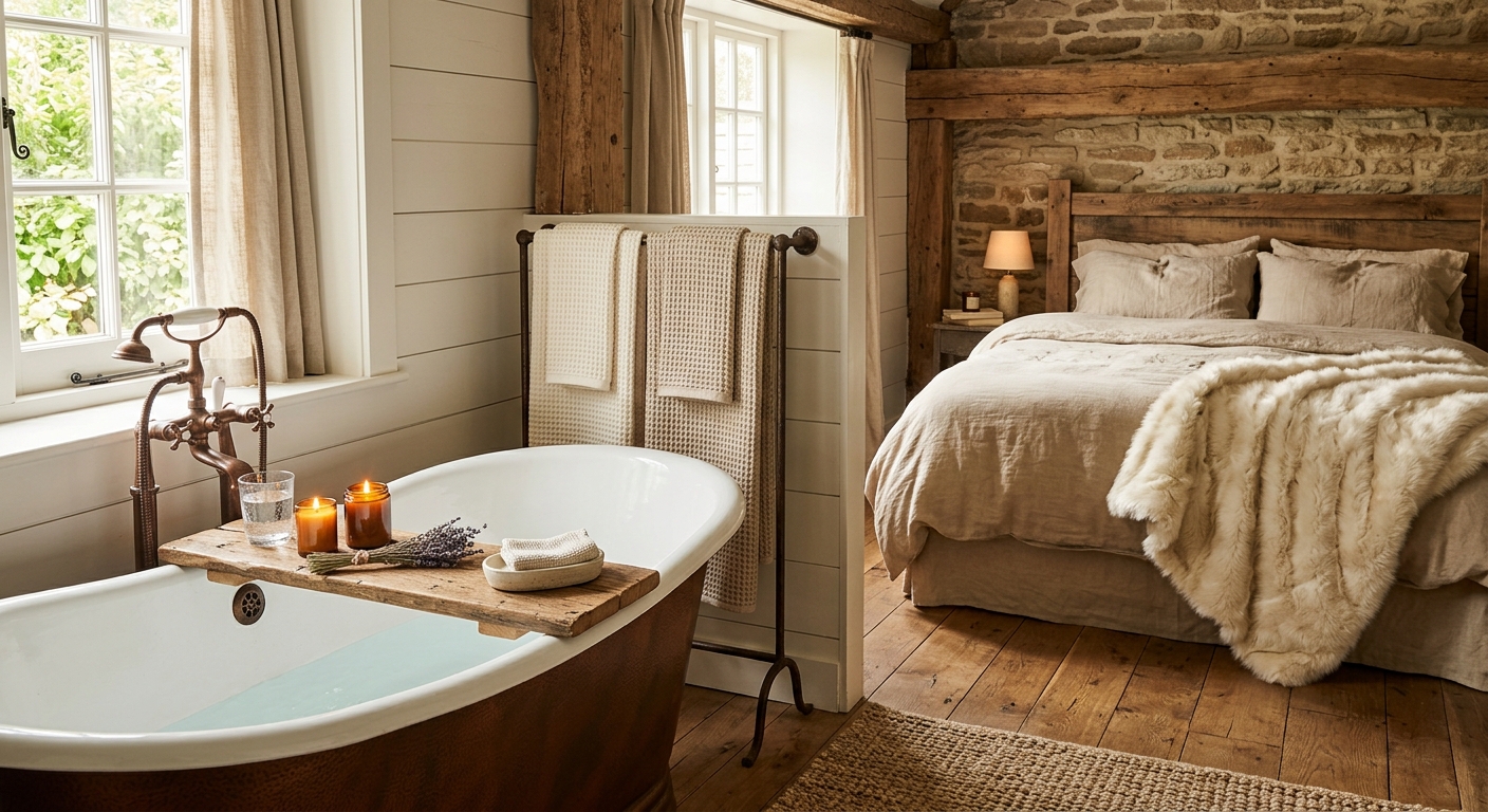 Farmhouse bedroom and bathroom with reclaimed wood and linen textiles