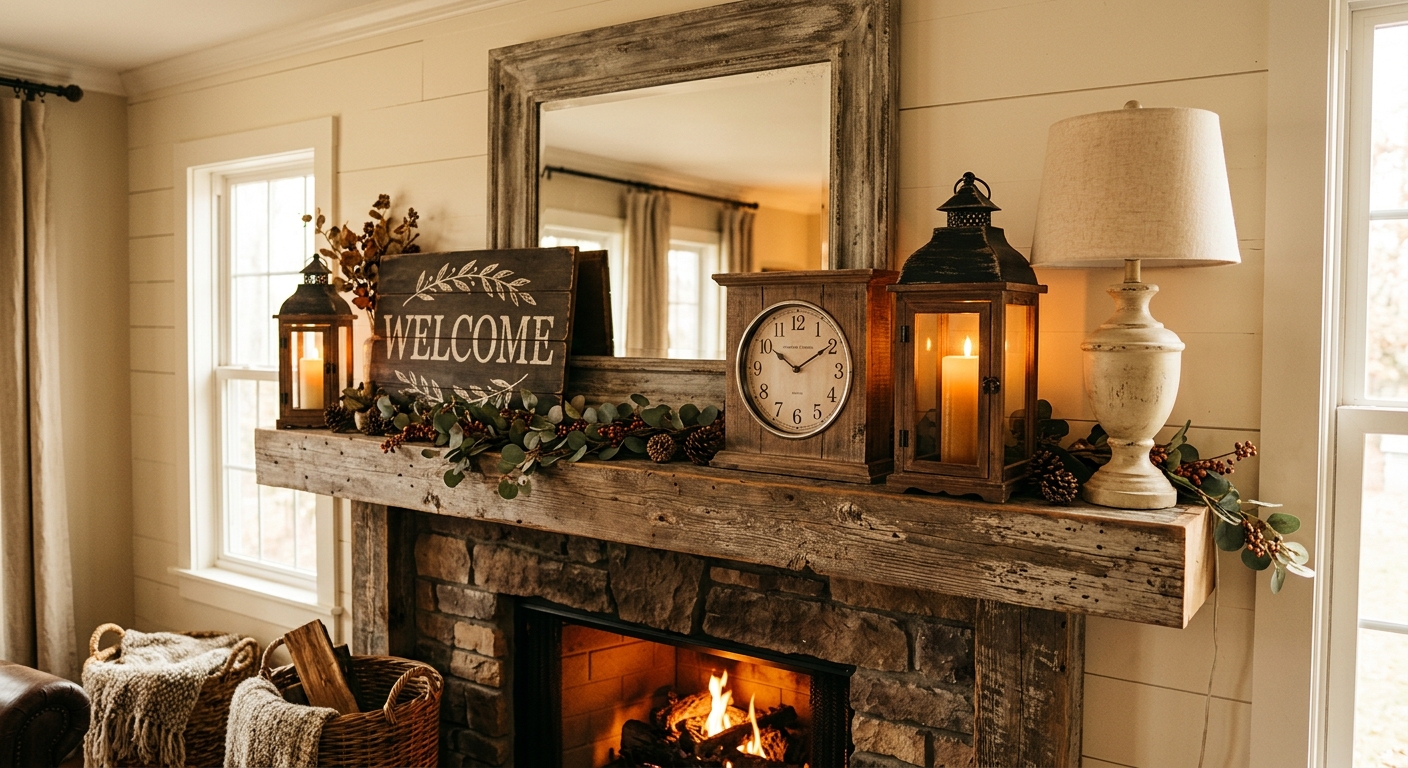 Farmhouse decor with lanterns, mantel clock, and warm lighting