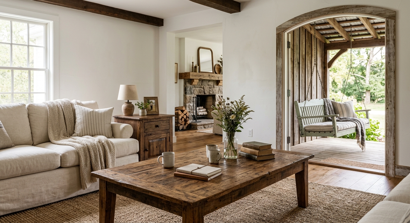 Reclaimed wood furniture in a styled farmhouse living room