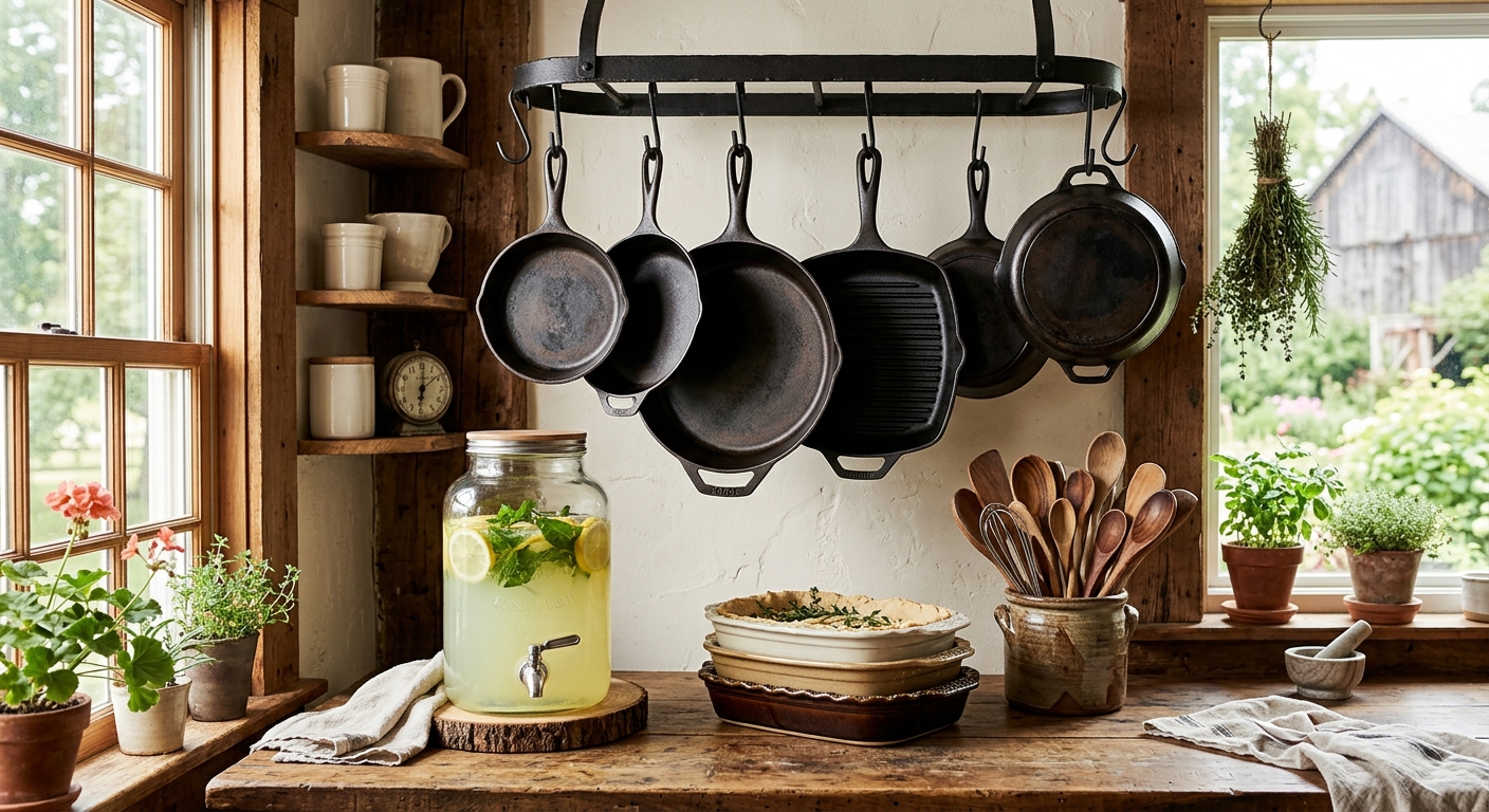 Rustic farmhouse kitchen with cast iron cookware and wooden accessories